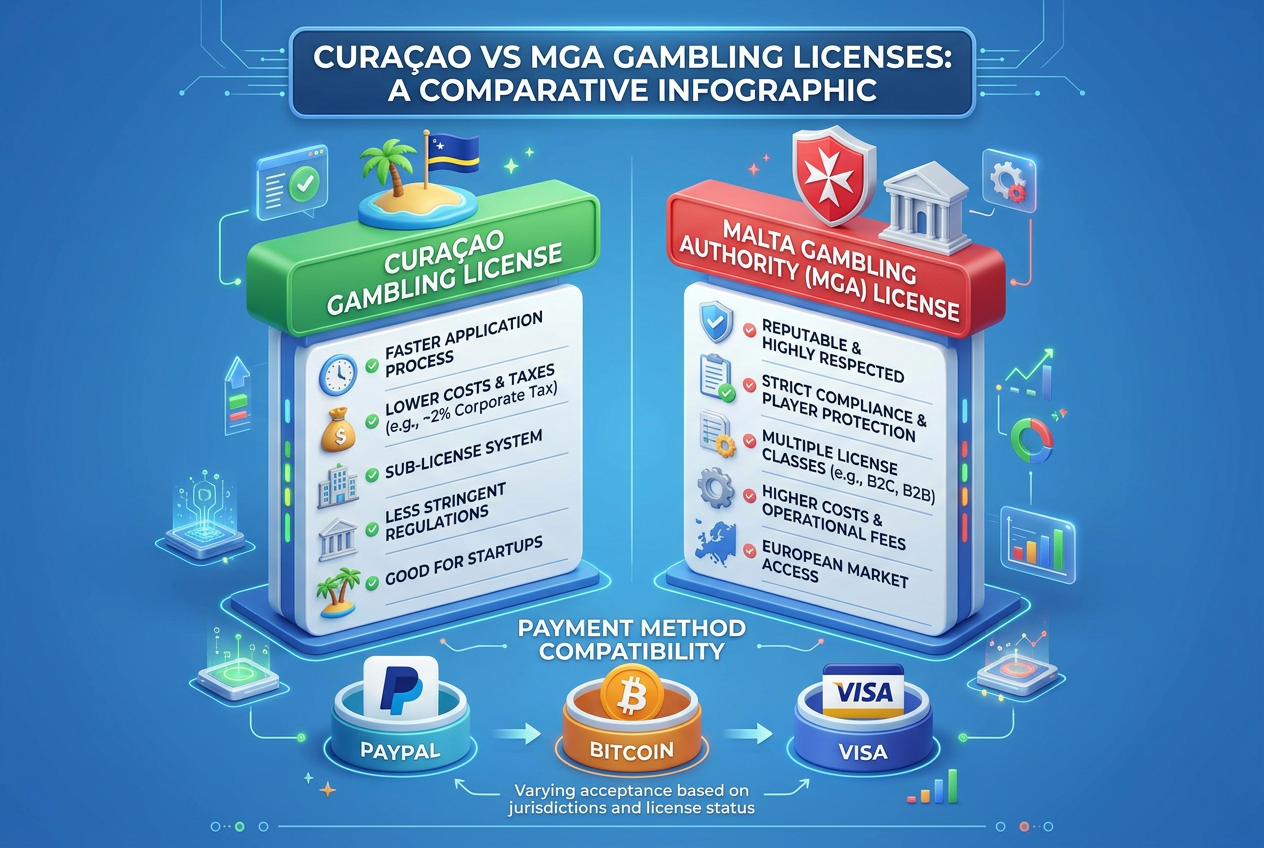 Professional infographic comparing Curacao and MGA gambling licenses with payment icons like PayPal, Bitcoin, and Visa.
