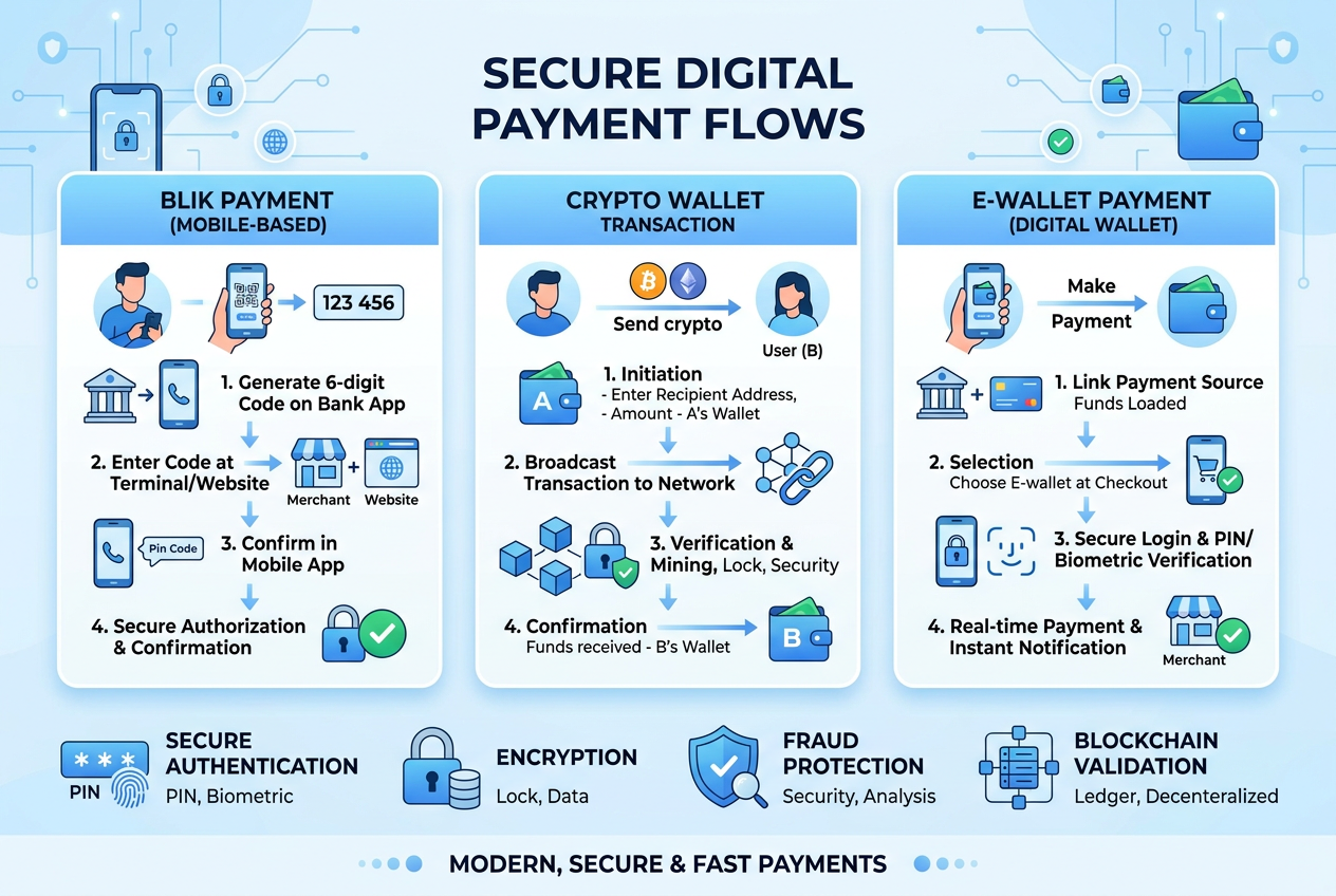 Infografika pokazująca bezpieczny proces płatności w kasynie online: BLIK, krypto i e-portfele