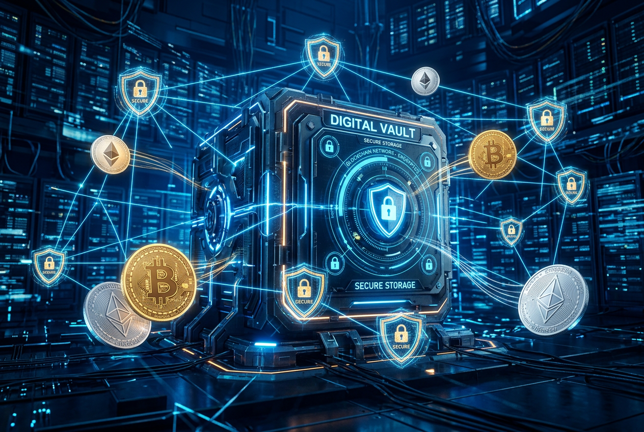Wizualizacja bezpieczeństwa blockchain w kasynach online z motywem cyfrowego skarbca i kryptowalut