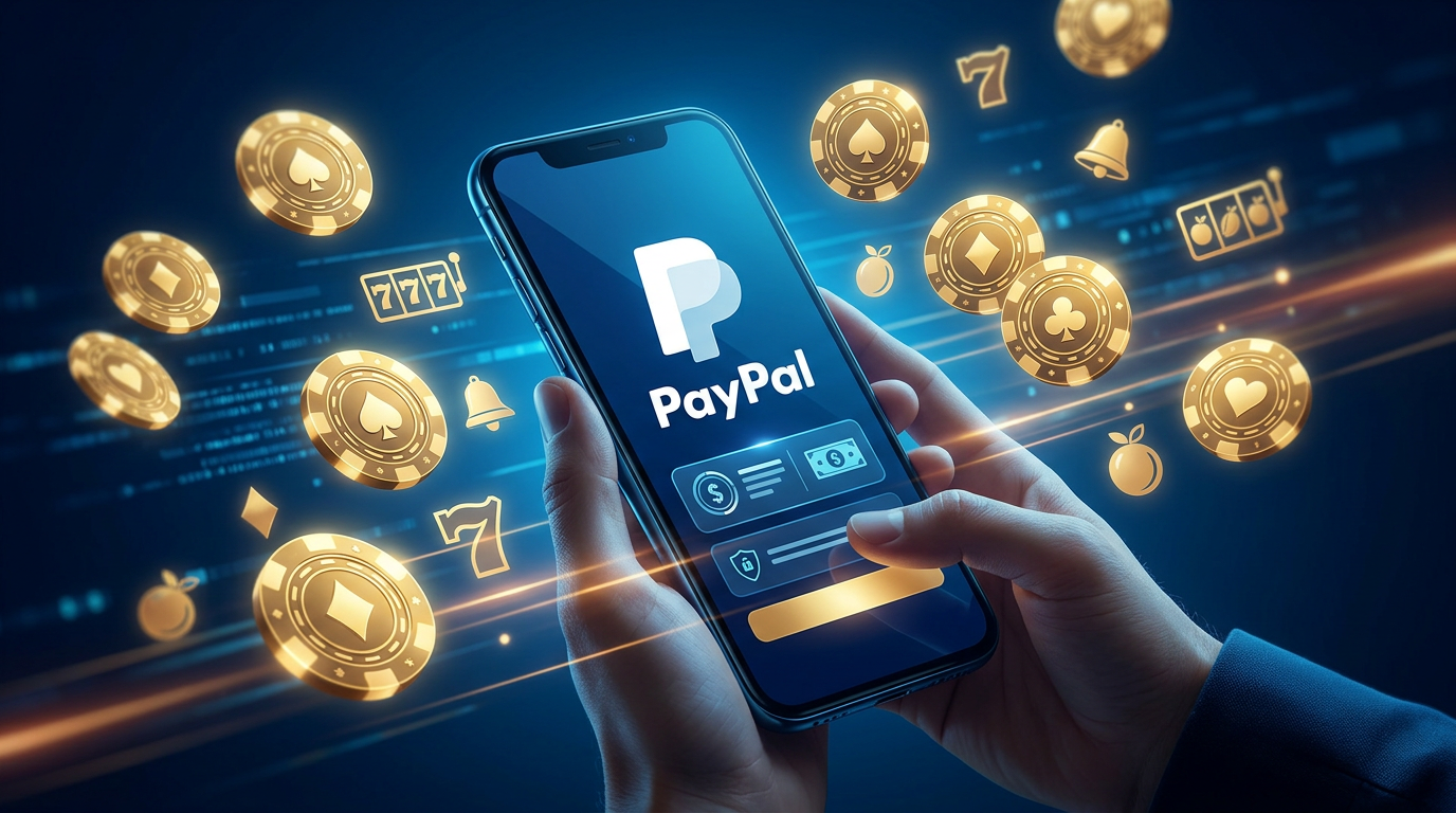 PayPal logo on a mobile phone next to casino chips representing secure payments in Poland.