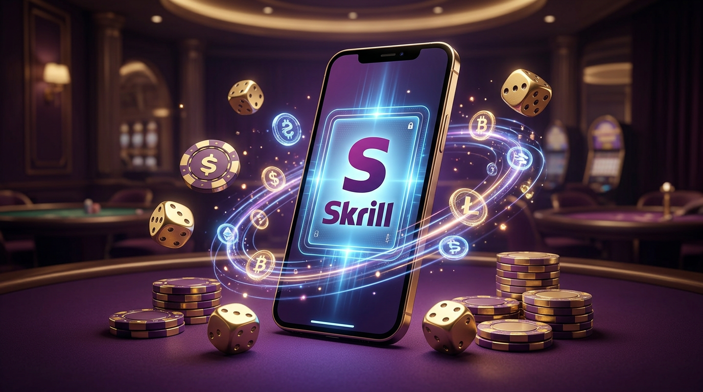 Smartfon z logo Skrill otoczony żetonami kasynowymi i złotymi kostkami na eleganckim tle
