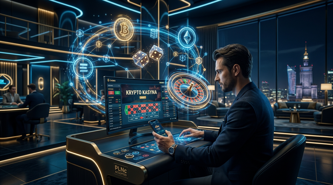 Abstrakcyjna wizualizacja nowoczesnego krypto kasyna z symbolami blockchain i elementami gier stołowych