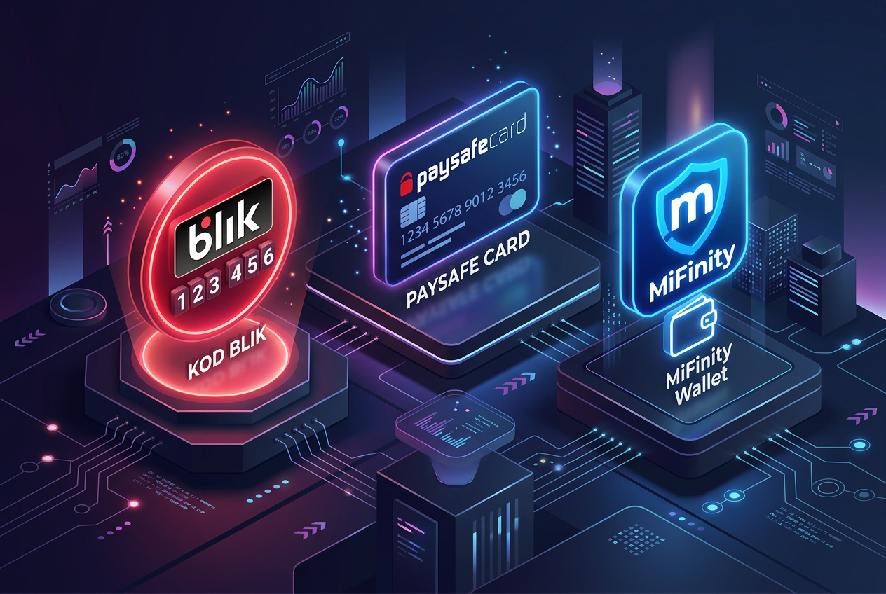 Zestawienie ikon płatności BLIK, Paysafecard i MiFinity na ciemnym tle