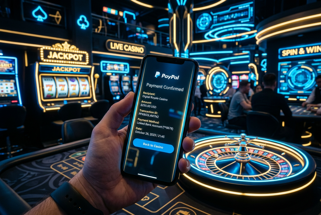 Modern smartphone displaying a secure PayPal transaction confirmation next to casino chips and a digital roulette wheel.