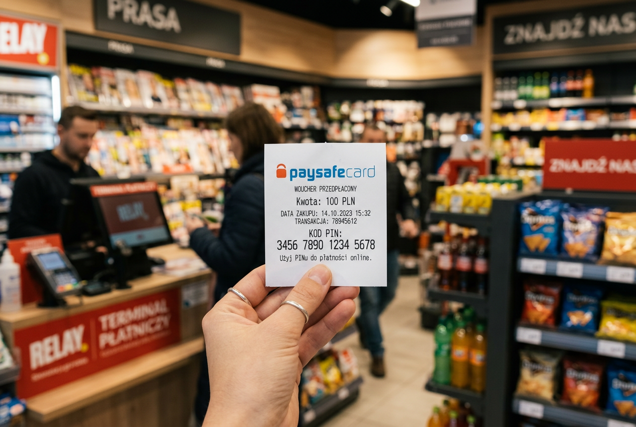 Osoba trzymająca wydrukowany voucher Paysafecard w polskim punkcie sprzedaży