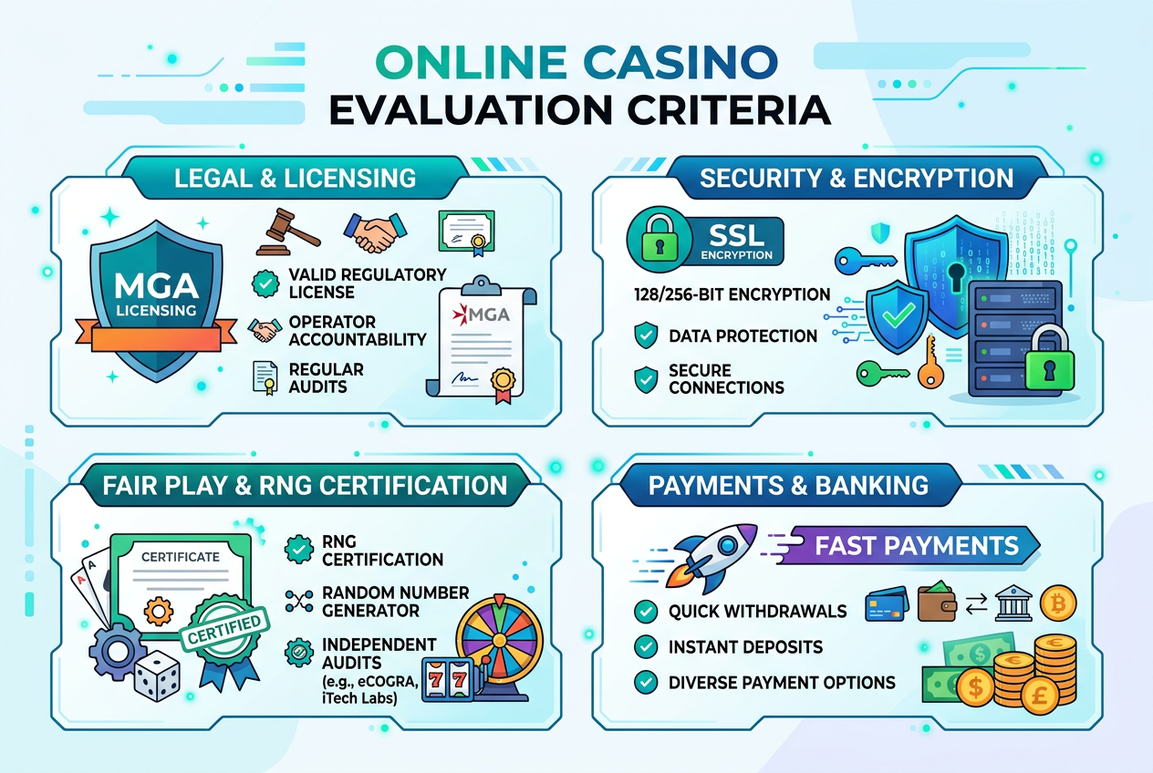 Infografika przedstawiająca kryteria oceny zagranicznych kasyn online 2026