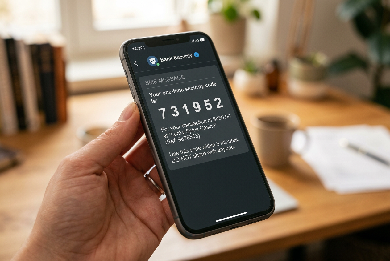 Zbliżenie na ekran smartfona wyświetlający powiadomienie o płatności SMS w kasynie
